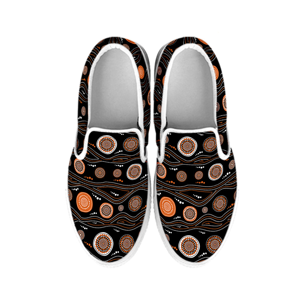 White And Orange Aboriginal Dot Print White Slip On Shoes