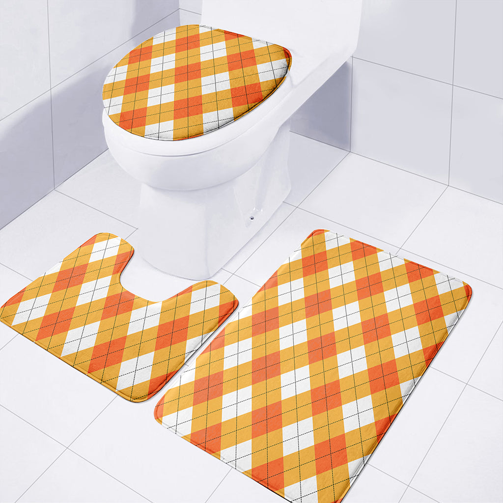 White And Orange Argyle Pattern Print 3 Piece Bath Mat Set
