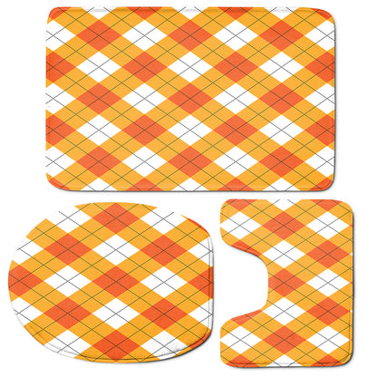 White And Orange Argyle Pattern Print 3 Piece Bath Mat Set