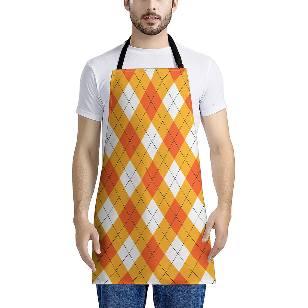 White And Orange Argyle Pattern Print Apron