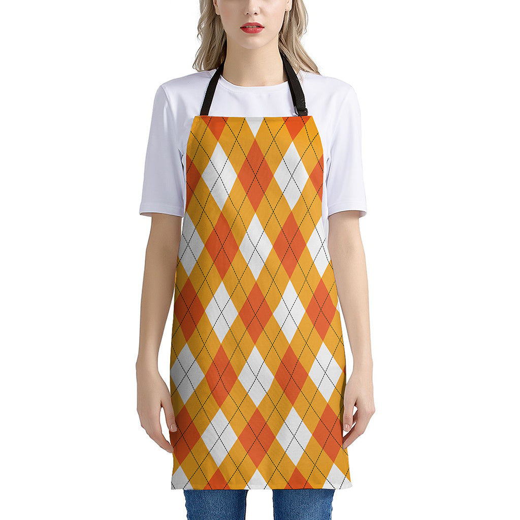 White And Orange Argyle Pattern Print Apron