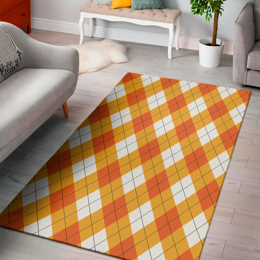 White And Orange Argyle Pattern Print Area Rug