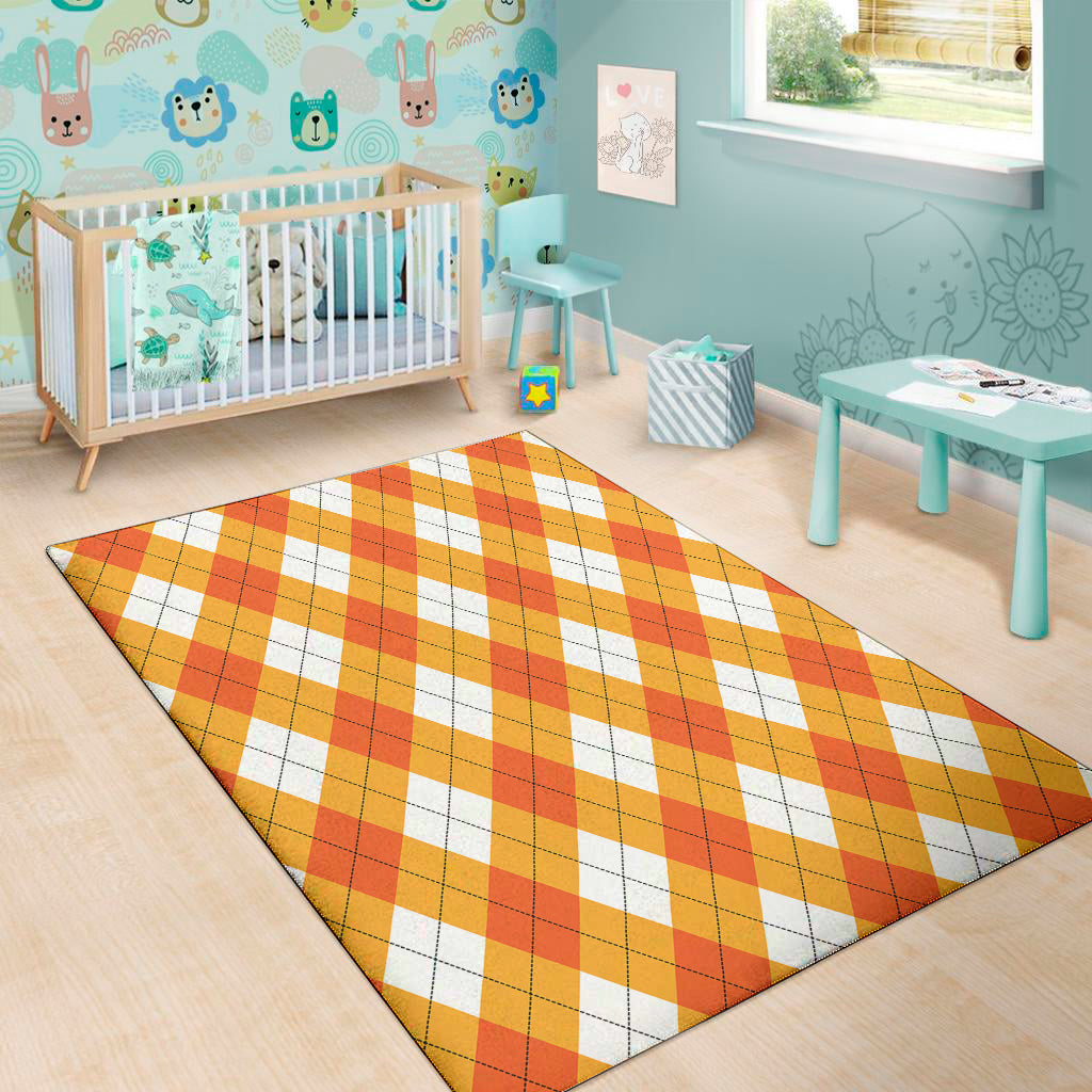 White And Orange Argyle Pattern Print Area Rug