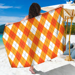 White And Orange Argyle Pattern Print Beach Sarong Wrap