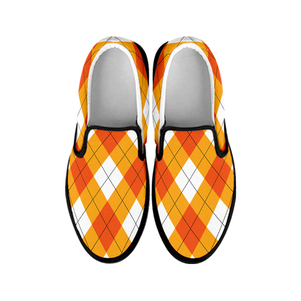 White And Orange Argyle Pattern Print Black Slip On Shoes