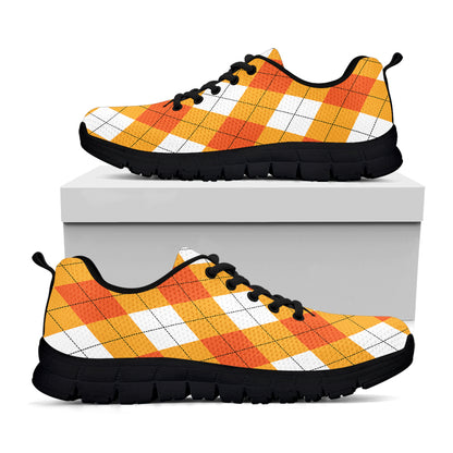 White And Orange Argyle Pattern Print Black Sneakers