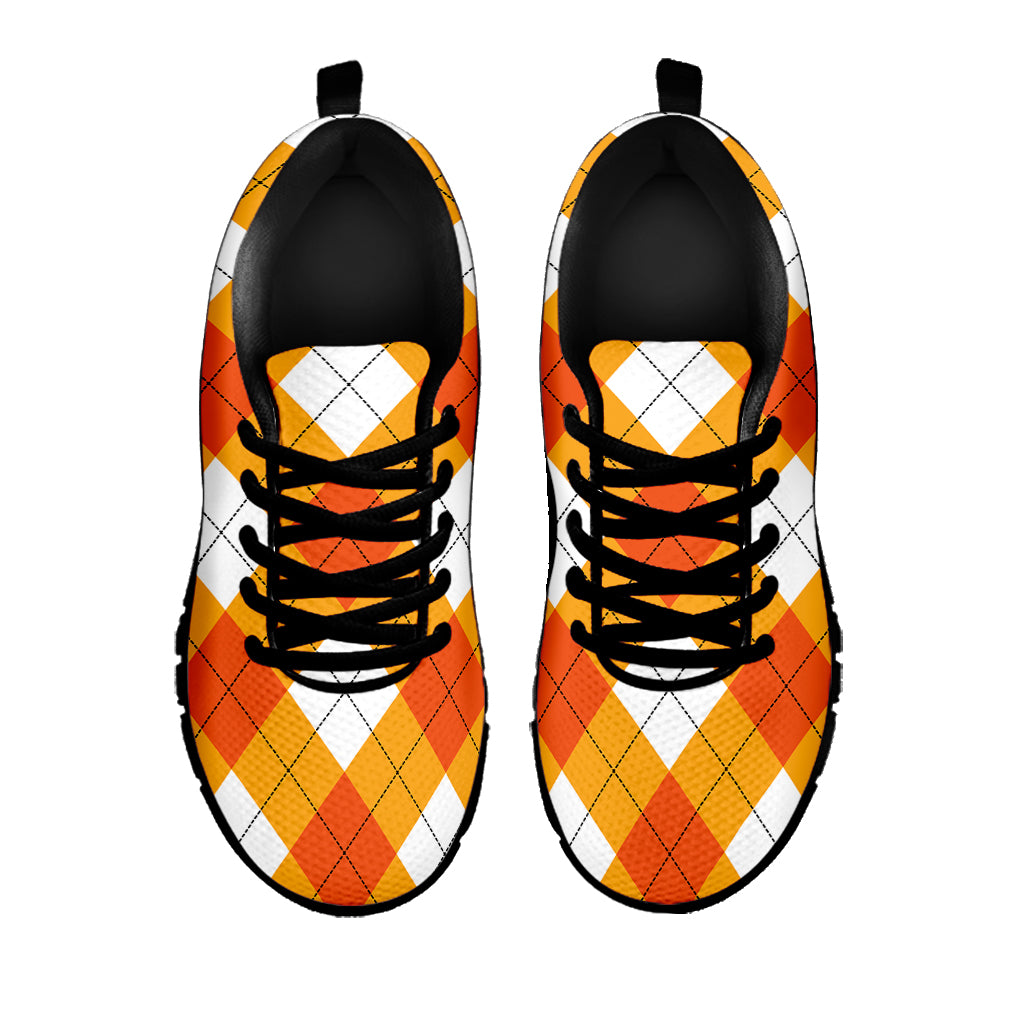 White And Orange Argyle Pattern Print Black Sneakers