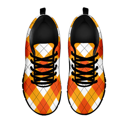White And Orange Argyle Pattern Print Black Sneakers