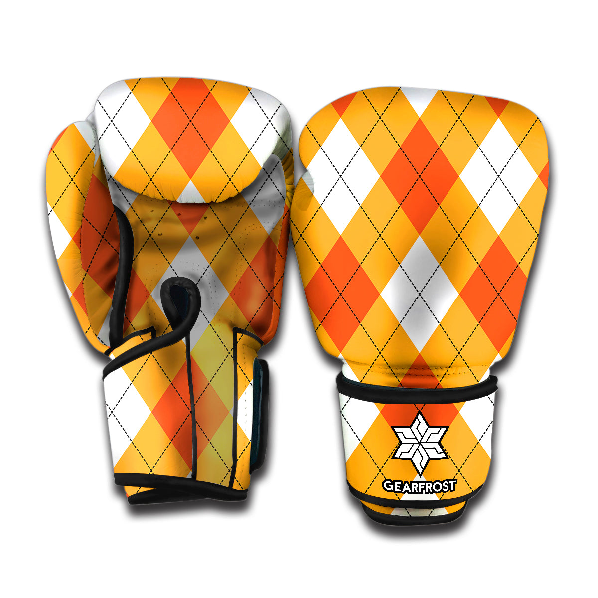 White And Orange Argyle Pattern Print Boxing Gloves