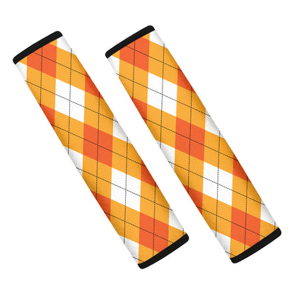 White And Orange Argyle Pattern Print Car Seat Belt Covers