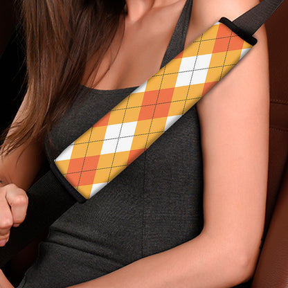 White And Orange Argyle Pattern Print Car Seat Belt Covers