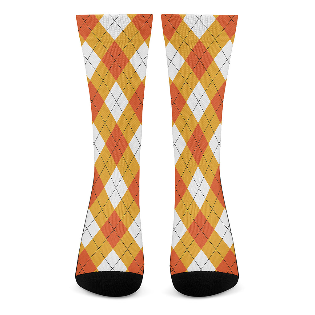 White And Orange Argyle Pattern Print Crew Socks