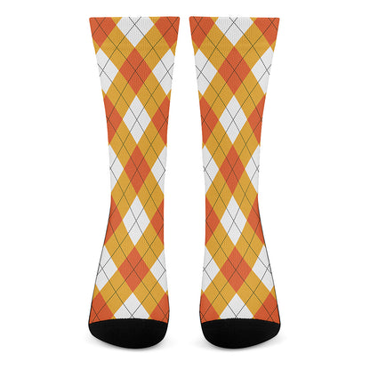 White And Orange Argyle Pattern Print Crew Socks