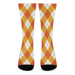 White And Orange Argyle Pattern Print Crew Socks