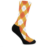 White And Orange Argyle Pattern Print Crew Socks