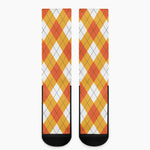 White And Orange Argyle Pattern Print Crew Socks