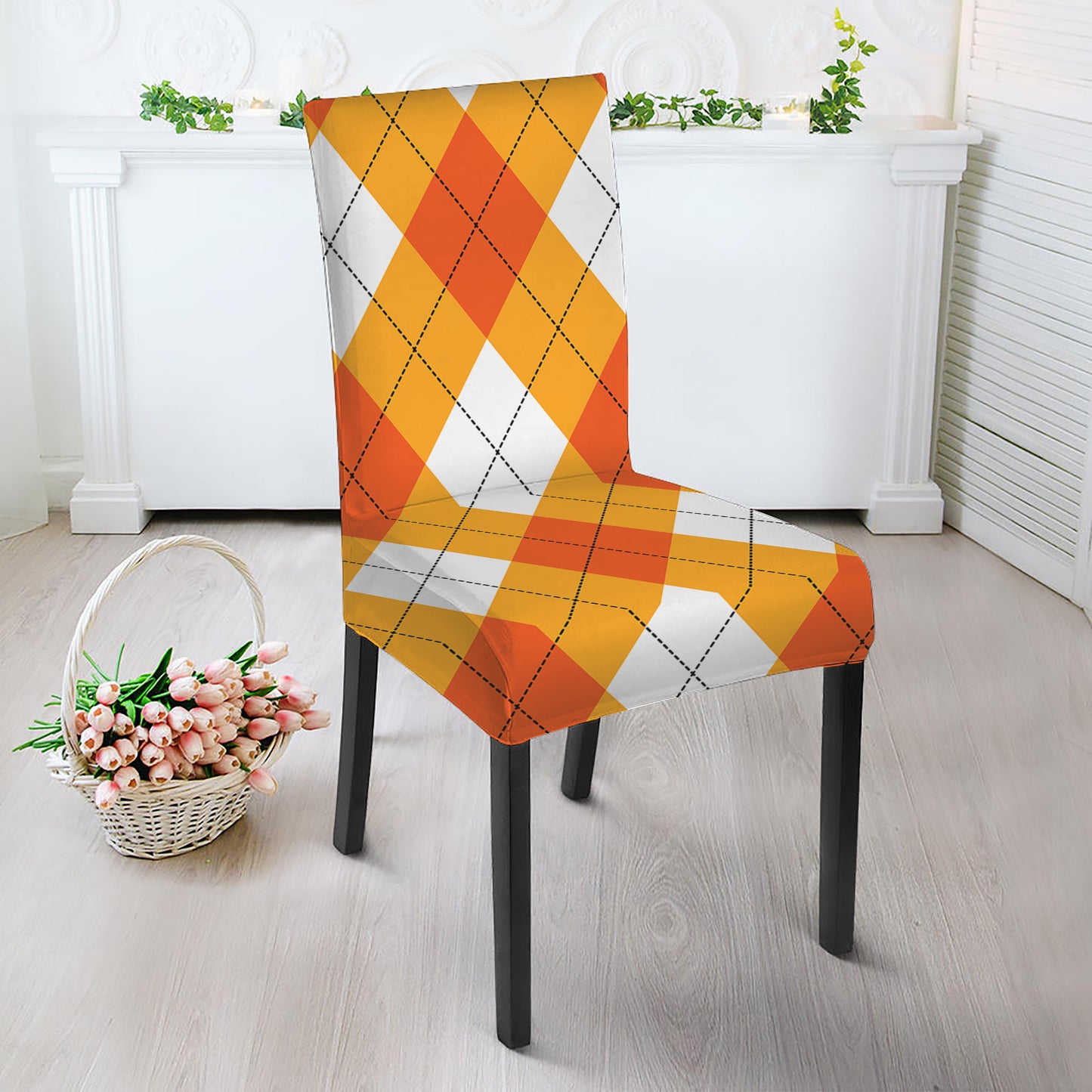 White And Orange Argyle Pattern Print Dining Chair Slipcover