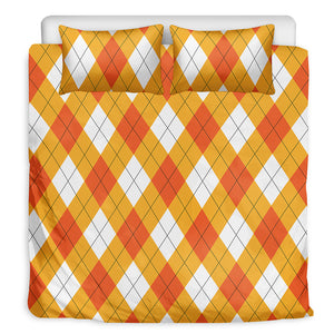 White And Orange Argyle Pattern Print Duvet Cover Bedding Set