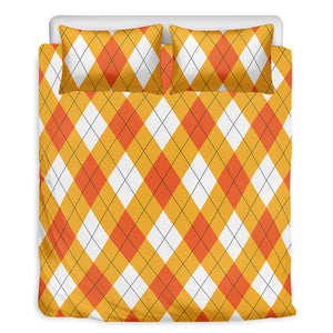 White And Orange Argyle Pattern Print Duvet Cover Bedding Set