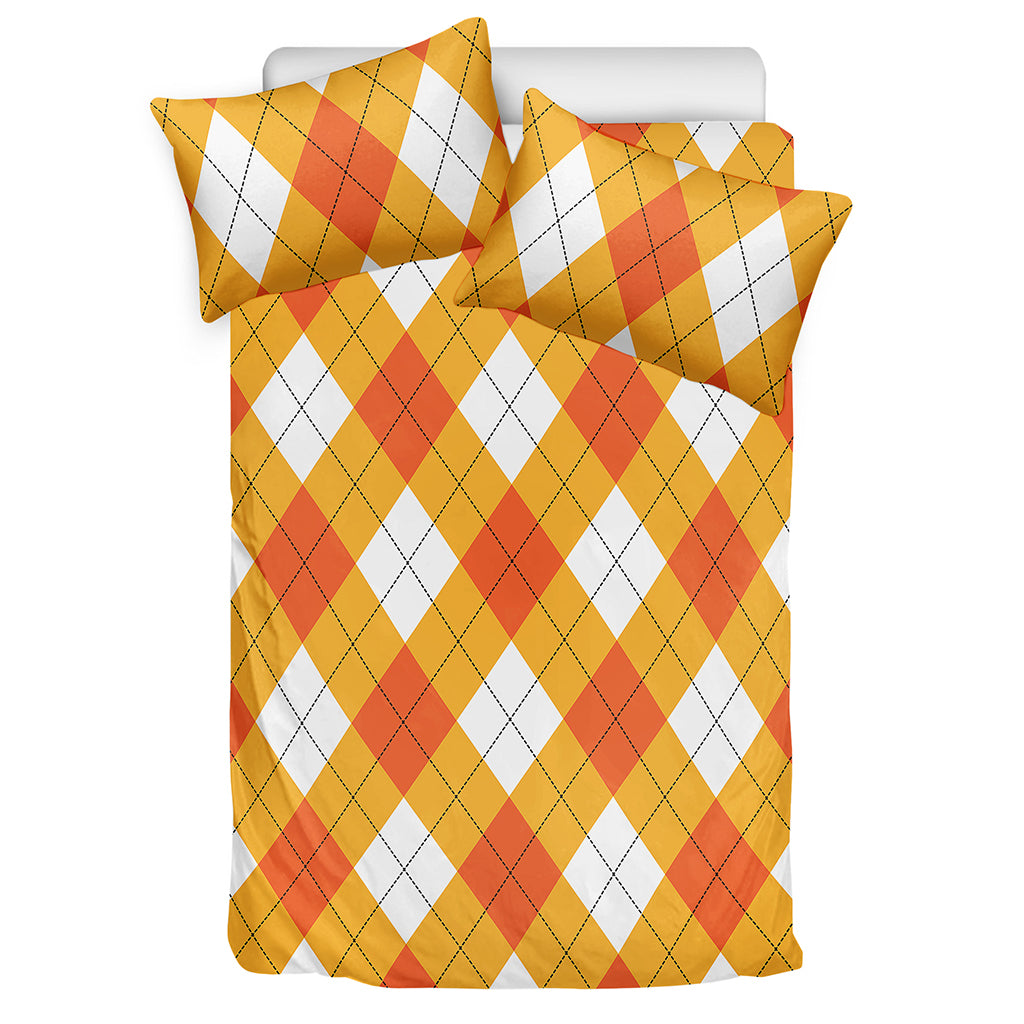 White And Orange Argyle Pattern Print Duvet Cover Bedding Set