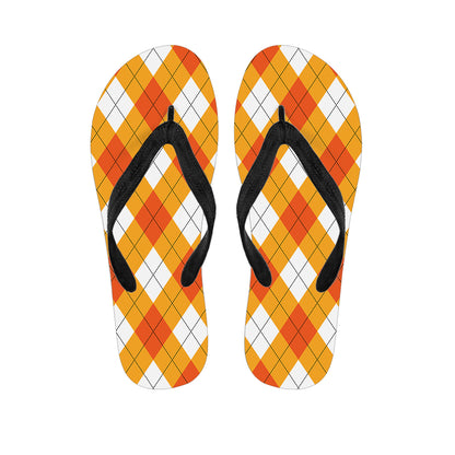 White And Orange Argyle Pattern Print Flip Flops
