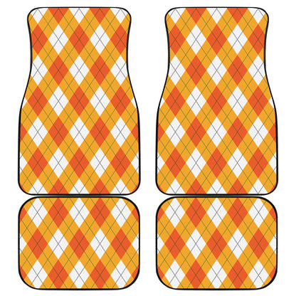 White And Orange Argyle Pattern Print Front and Back Car Floor Mats