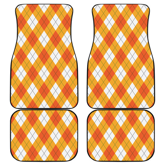 White And Orange Argyle Pattern Print Front and Back Car Floor Mats