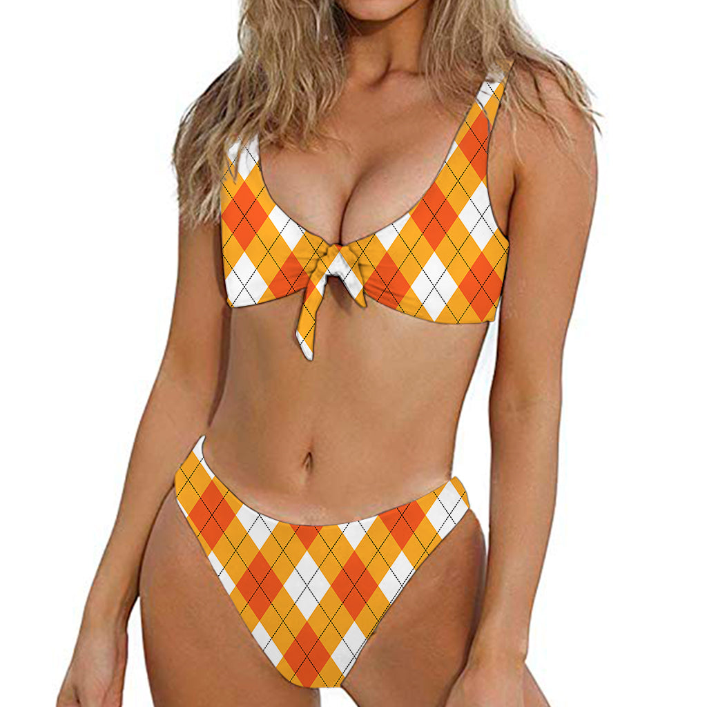 White And Orange Argyle Pattern Print Front Bow Tie Bikini