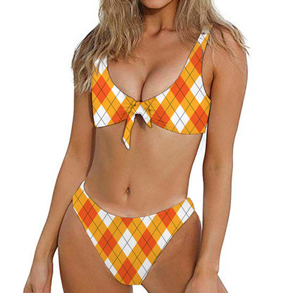 White And Orange Argyle Pattern Print Front Bow Tie Bikini