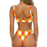 White And Orange Argyle Pattern Print Front Bow Tie Bikini