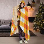 White And Orange Argyle Pattern Print Hooded Blanket