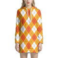 White And Orange Argyle Pattern Print Pullover Hoodie Dress