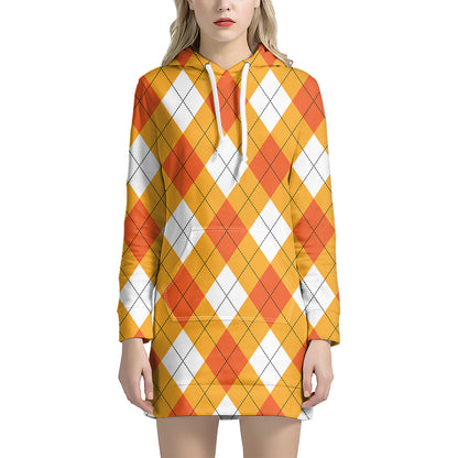 White And Orange Argyle Pattern Print Hoodie Dress