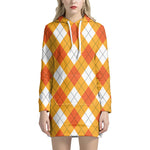 White And Orange Argyle Pattern Print Hoodie Dress