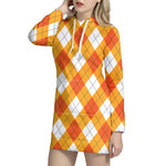 White And Orange Argyle Pattern Print Hoodie Dress
