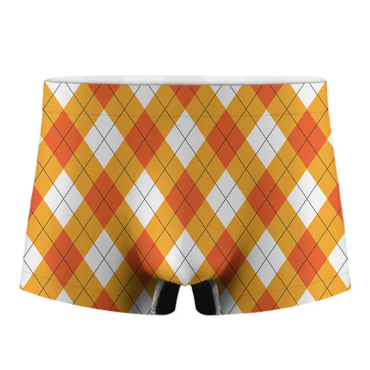 White And Orange Argyle Pattern Print Men's Boxer Briefs