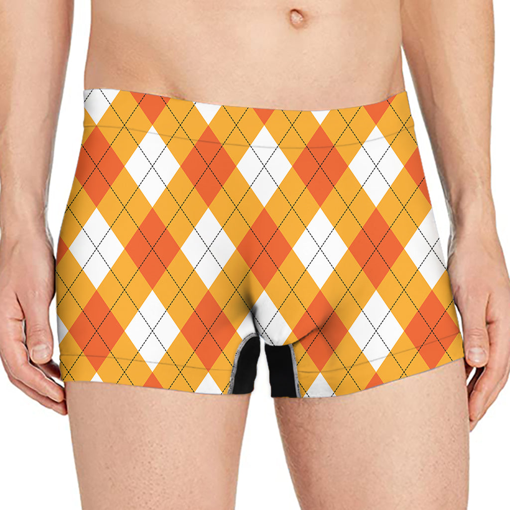 White And Orange Argyle Pattern Print Men's Boxer Briefs