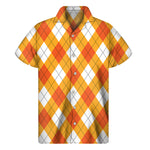 White And Orange Argyle Pattern Print Men's Short Sleeve Shirt