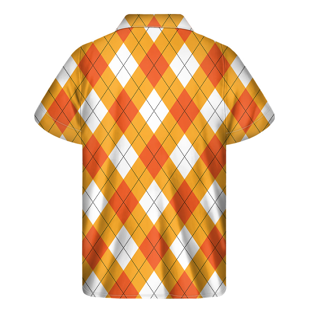 White And Orange Argyle Pattern Print Men's Short Sleeve Shirt