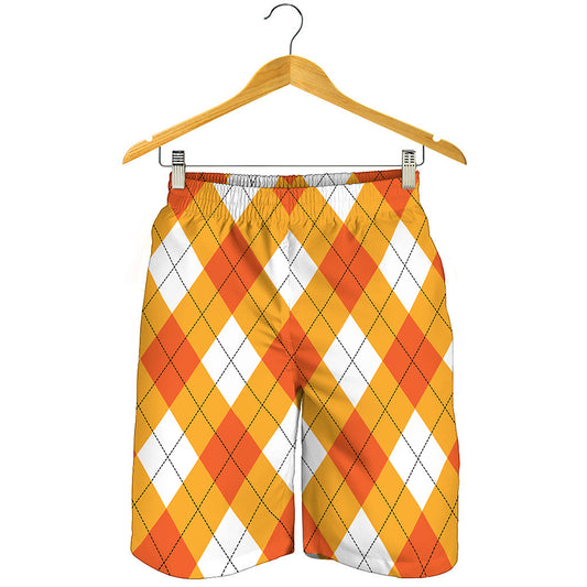 White And Orange Argyle Pattern Print Men's Shorts