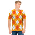 White And Orange Argyle Pattern Print Men's T-Shirt