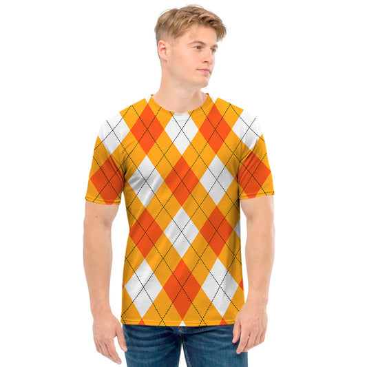 White And Orange Argyle Pattern Print Men's T-Shirt
