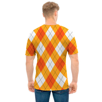 White And Orange Argyle Pattern Print Men's T-Shirt
