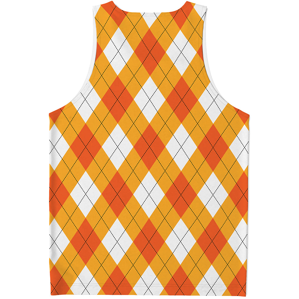 White And Orange Argyle Pattern Print Men's Tank Top