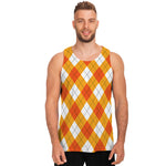 White And Orange Argyle Pattern Print Men's Tank Top
