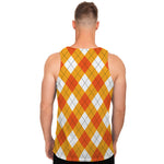 White And Orange Argyle Pattern Print Men's Tank Top