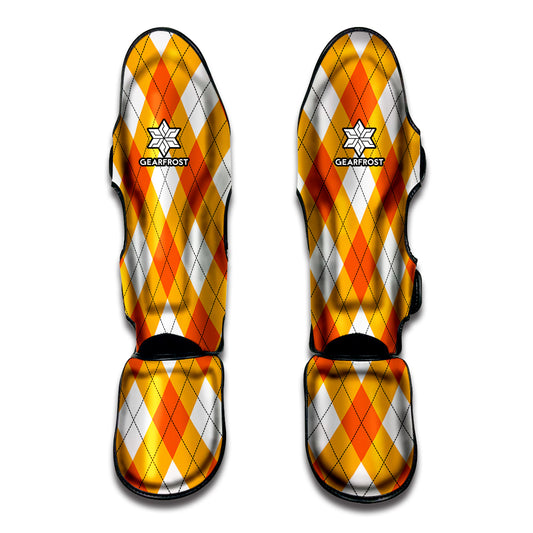 White And Orange Argyle Pattern Print Muay Thai Shin Guard