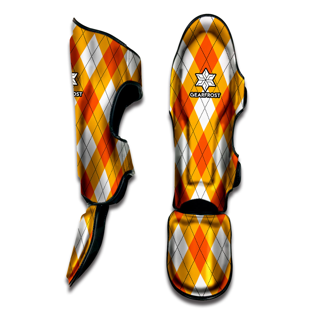 White And Orange Argyle Pattern Print Muay Thai Shin Guard