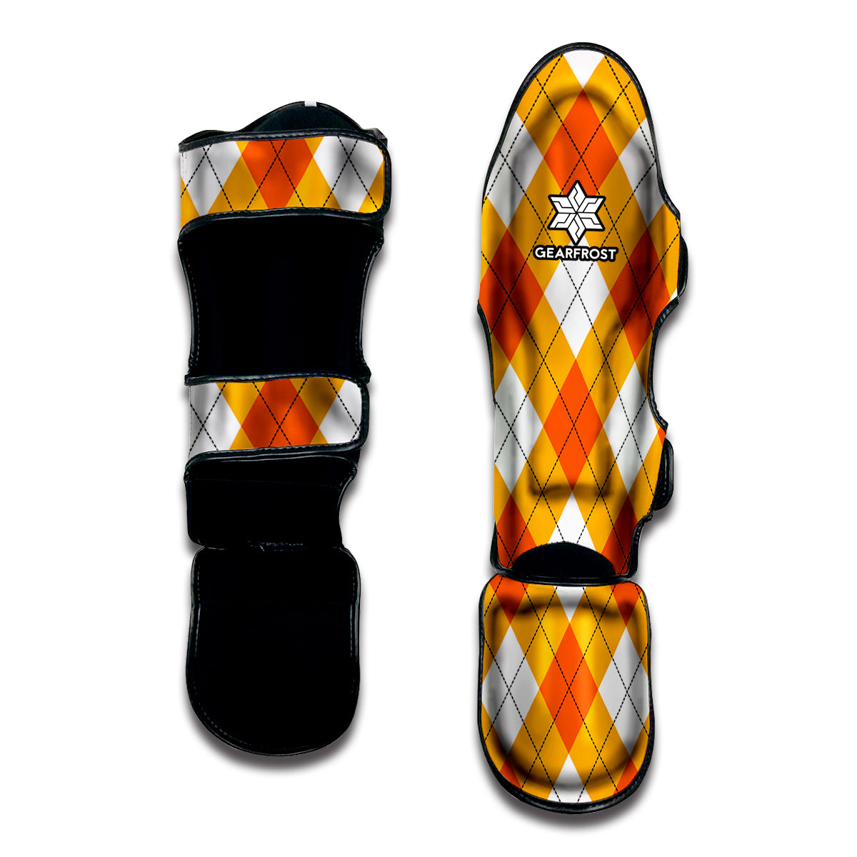 White And Orange Argyle Pattern Print Muay Thai Shin Guard