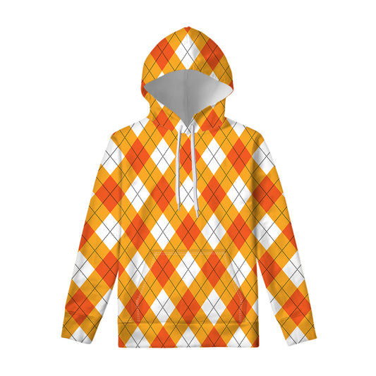 White And Orange Argyle Pattern Print Pullover Hoodie